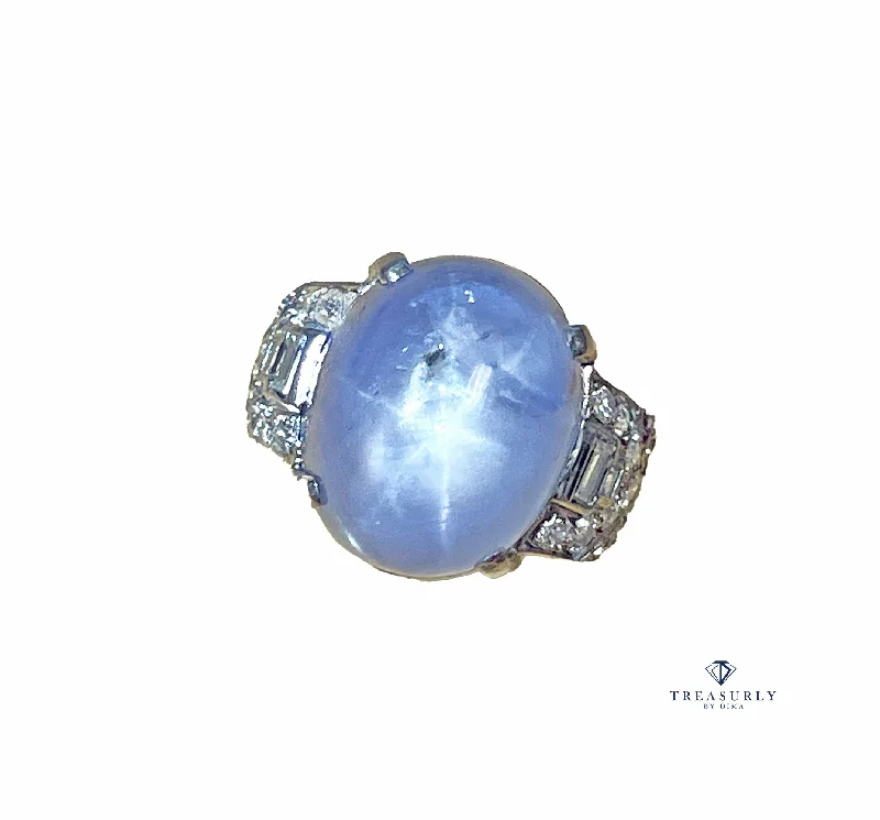 Sapphire gem rings-Art Deco GIA 26.5ct Natural No-Heat Star Blue Sapphire Platinum Diamond Ring