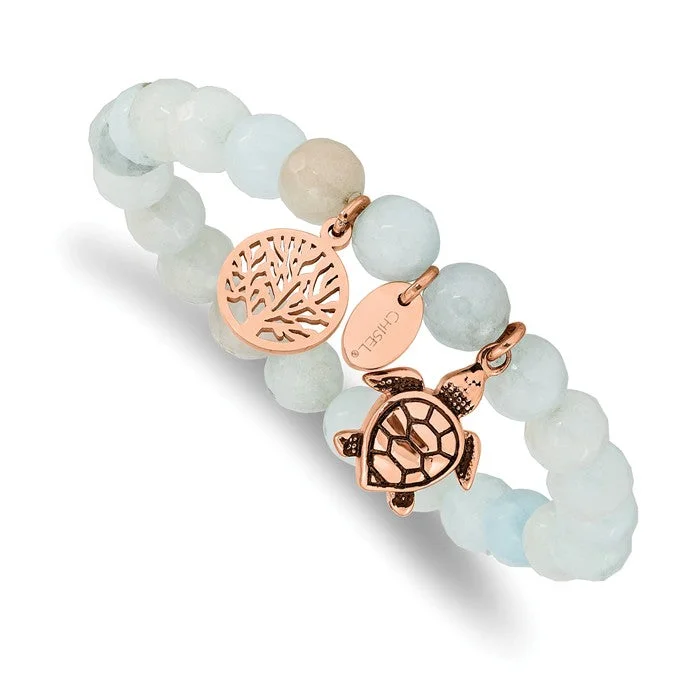 Elastic thread bangles-Stainless Steel Rose Gold Turtle & Tree of Life Charm Grey Jade Stretch Bracelet