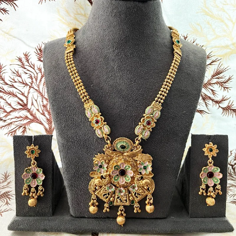 Topaz pendant necklaces-India Art Gold Plated Pota Stone And Beads Necklace Set