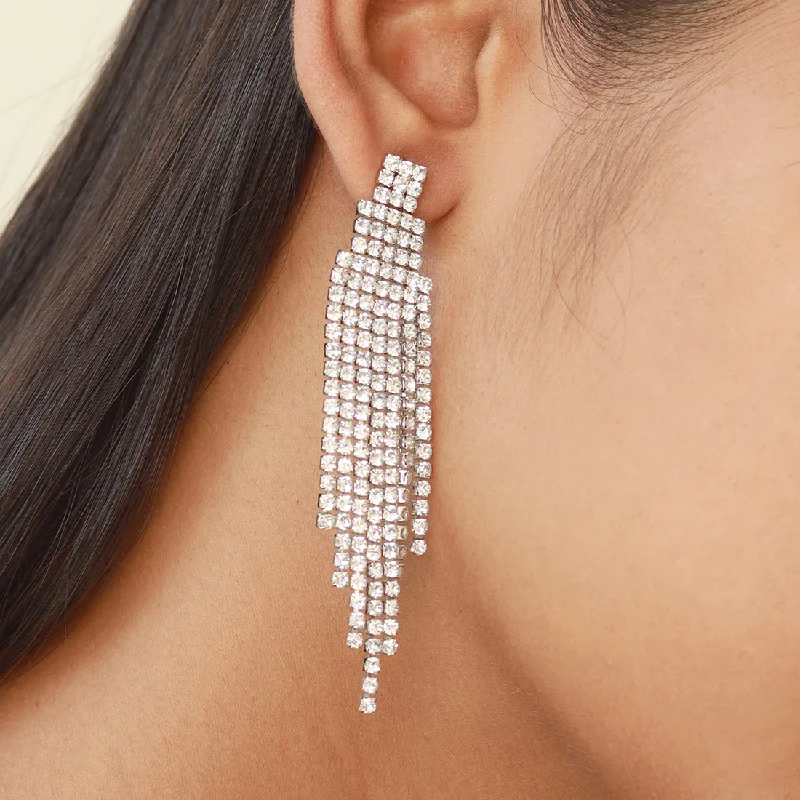 Stellar charm earrings-Ayesha Contemporary White Diamante Crystal Studded Silver-Toned Long Tassel Drop Earrings