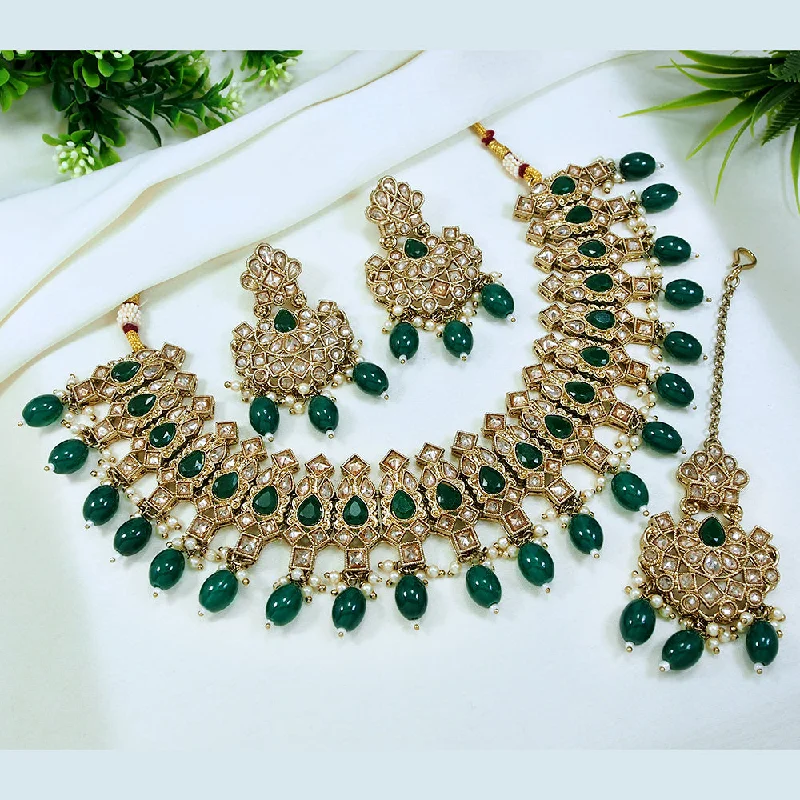 Tiered link necklaces-LALSO Stunning Gold plated Zircon Work Necklace Jewelry Set With Maangtika