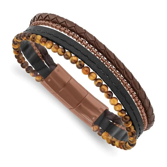 Silk thread bangles-Stainless Steel Polished Brown IP Tiger's Eye Leather Bracelet