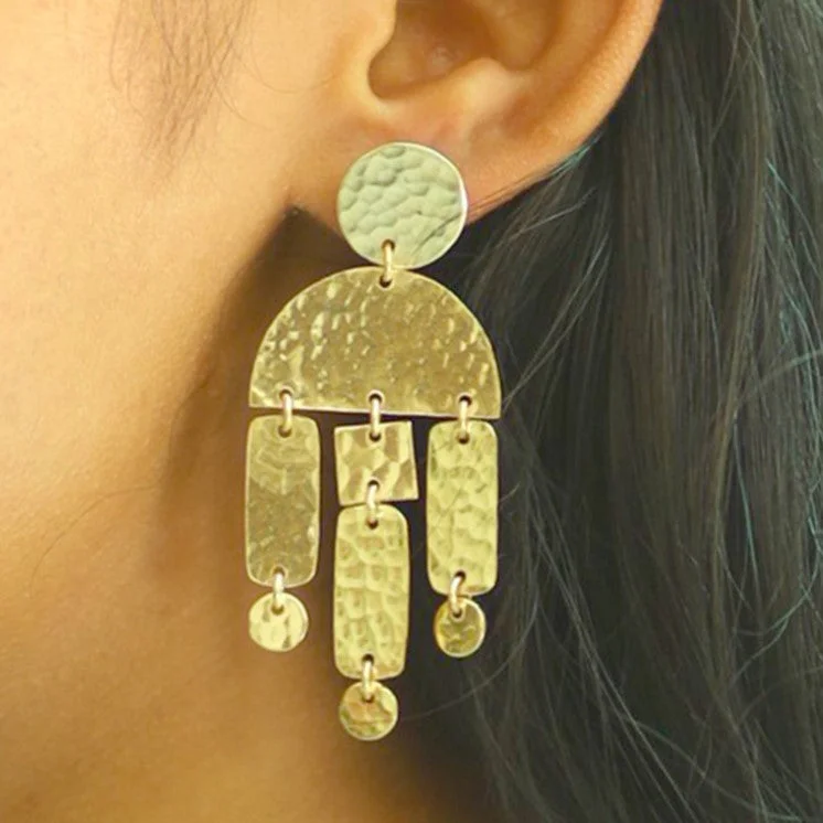 Rustic brass earrings-HANDCRAFTED BRASS HAMMERED GEOMETRIC DROP EARRINGS