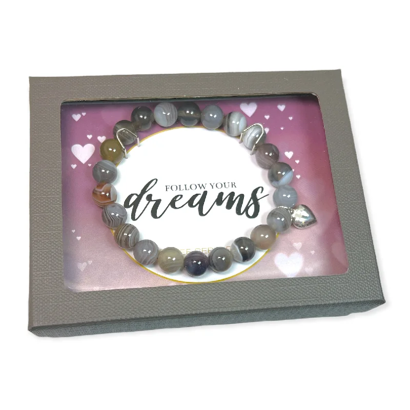 Thin filigree bangles-Botswana Agate with Sterling Silver Heart Charm "Follow Your Dreams" Bracelet Gift Box