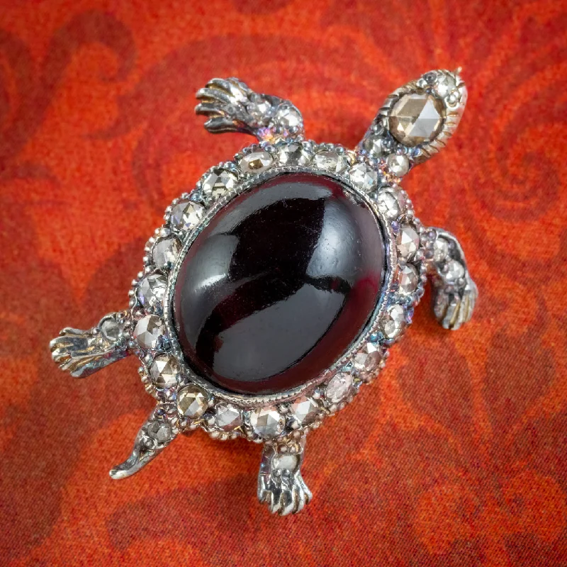 Polished stone brooch-Victorian Style Garnet Diamond Tortoise Brooch 6ct Garnet