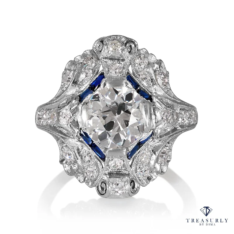 Retro charm rings-Art Nouveau 2.50ctw GIA Old European Cut Diamond and Blue Sapphire Platinum Ring