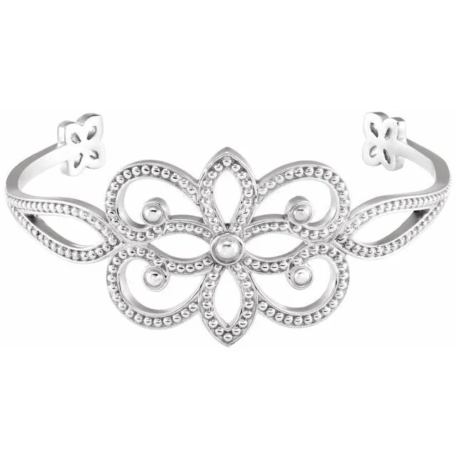 Chunky cuff bangles-Sterling Silver Granulated Floral Bangle Bracelet