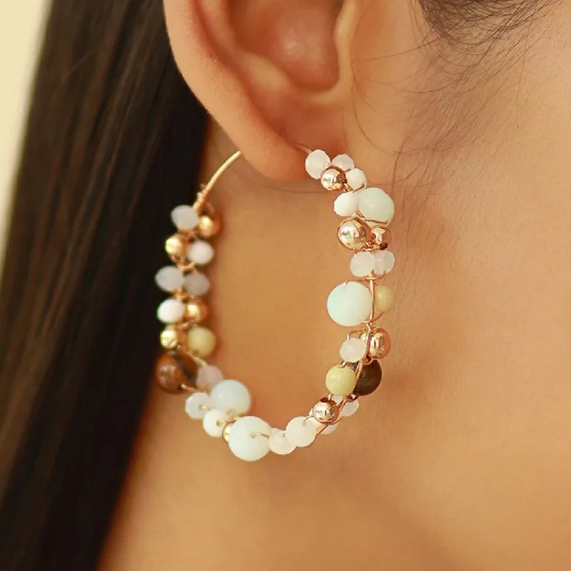 Citrine stud earrings-White and Gold Color Oversized Beaded Boho Hoop Earrings for Women