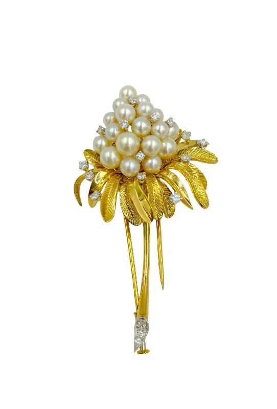 Retro deco brooch-Tiffany Pearl Diamond Yellow Gold Brooch