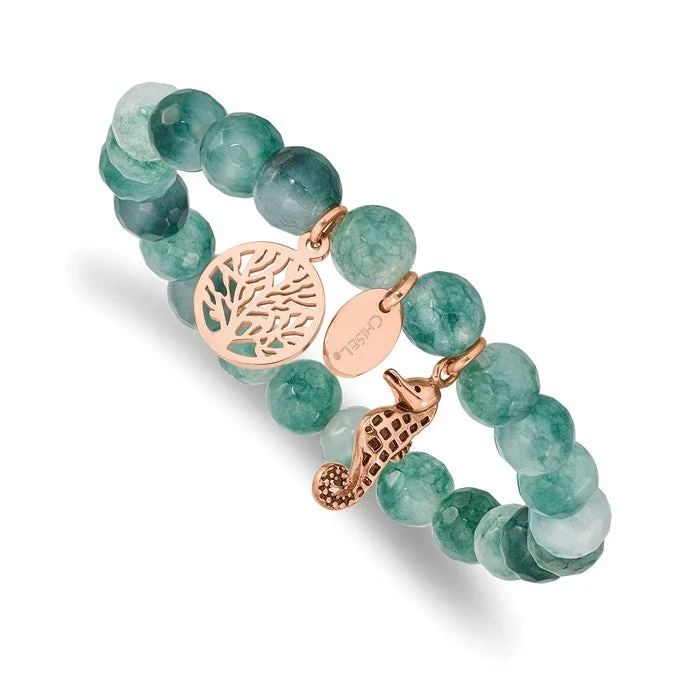 Sleek design bangles-Stainless Steel Rose Gold Seahorse & Tree of Life Charm Green Jade Stretch Bracelet