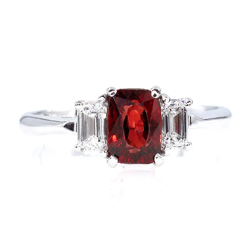 Art deco rings-GIA 1.55ct Natural No-Heat Orangy Red SPINEL and Diamond 3 Stone Vintage Ring