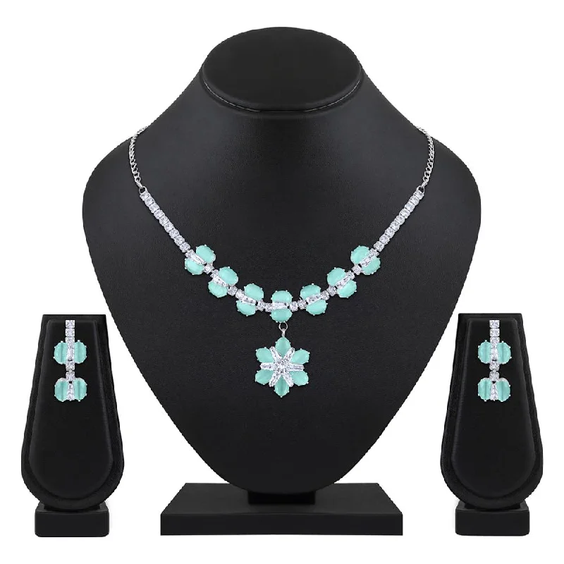 Patina bronze necklaces-Mahi Rhodium Plated Light Green Cubic Zirconia (CZ) Floral Women's Necklace Set (NL1103820RLGre)