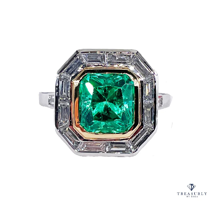 Surf motif rings-AGL Insignificant VVS 4.66ctw Natural Green Emerald Diamond Platinum 18k YG Ring