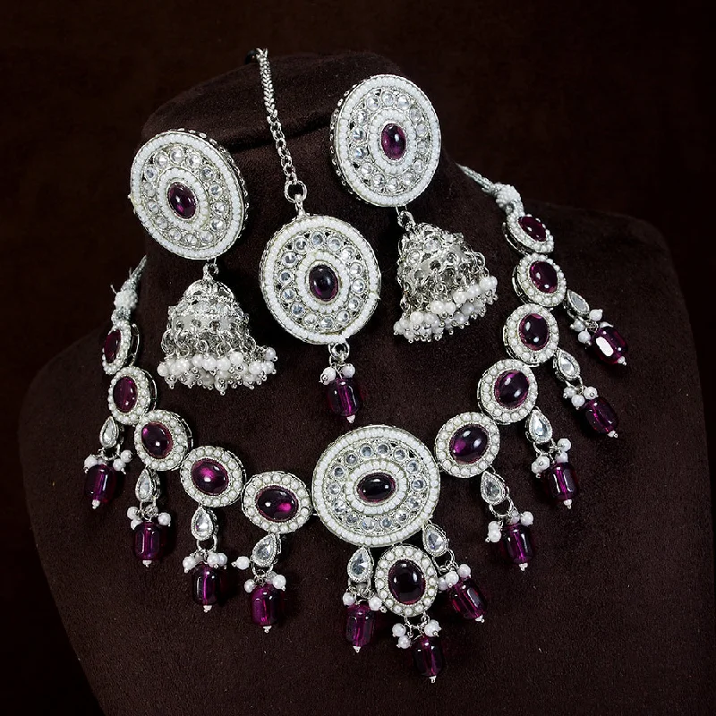 Silk cord necklaces-LALSO Marvelous Silver plated Zircon Work Necklace Jewelry Set With Maangtika