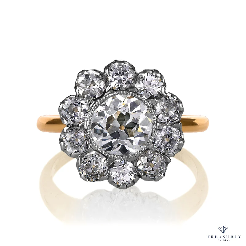 Matte band rings-Edwardian GIA 3.17ctw Antique OLD EUROPEAN Diamond Cluster 18K Gold Platinum Ring