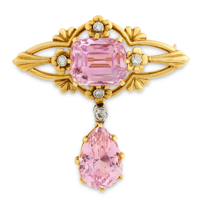 Wide gold brooch-Louis Comfort Tiffany Kunzite Brooch, 17.25 Carats