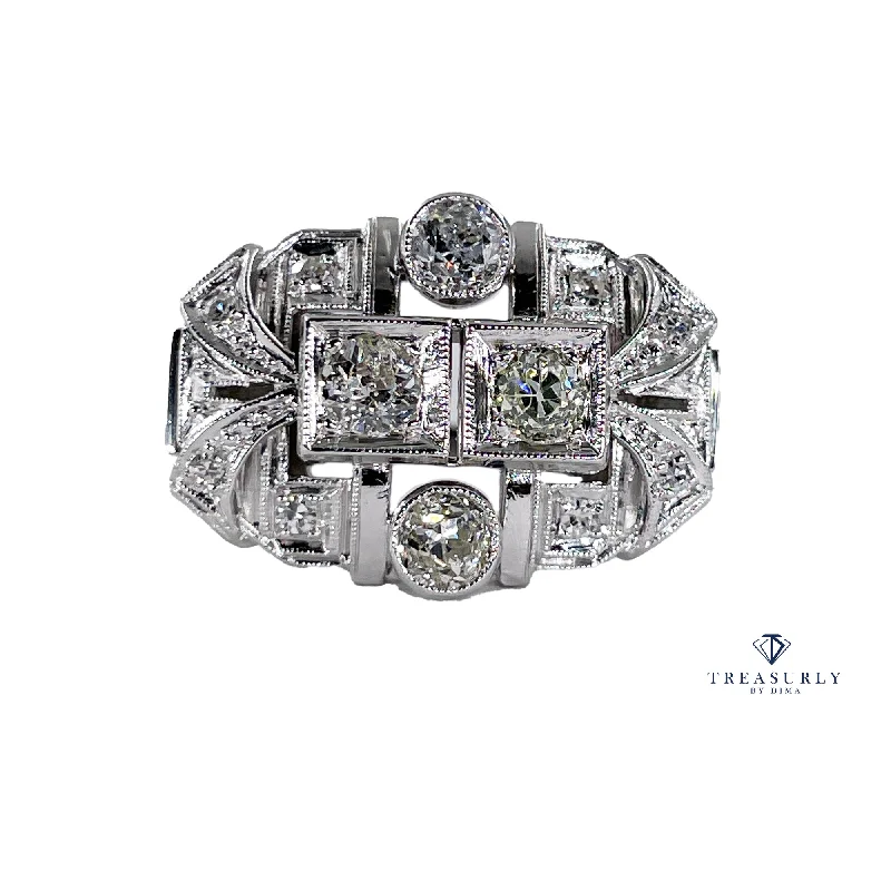 Tri-tone rings-Fabulous Art Deco 1.50ct Old European Old Mine Diamond Dinner 14k White Gold Ring