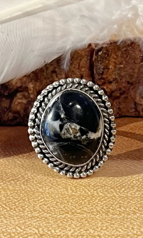 Reed style rings-WHITE BUFFALO OBSCURA Turquoise Silver Statement Navajo Ring, Size 7