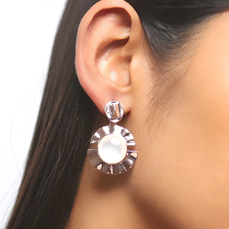 Fine threader earrings-Circular White Moonstone Rose Gold-Toned Hammered Drop Earrings