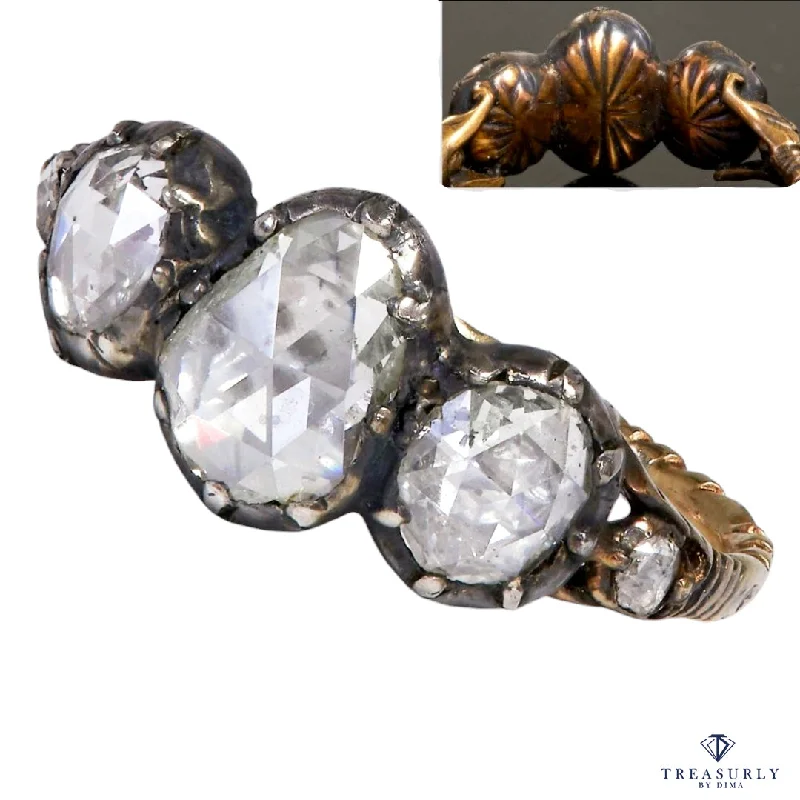 Bead trim rings-Authentic Georgian 1760s 3-Stone Diamond Engagement 14k Yellow Gold Silver Ring