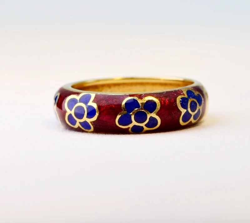 Fluid gem rings-18K Red Enamel band with blue enamel flowers