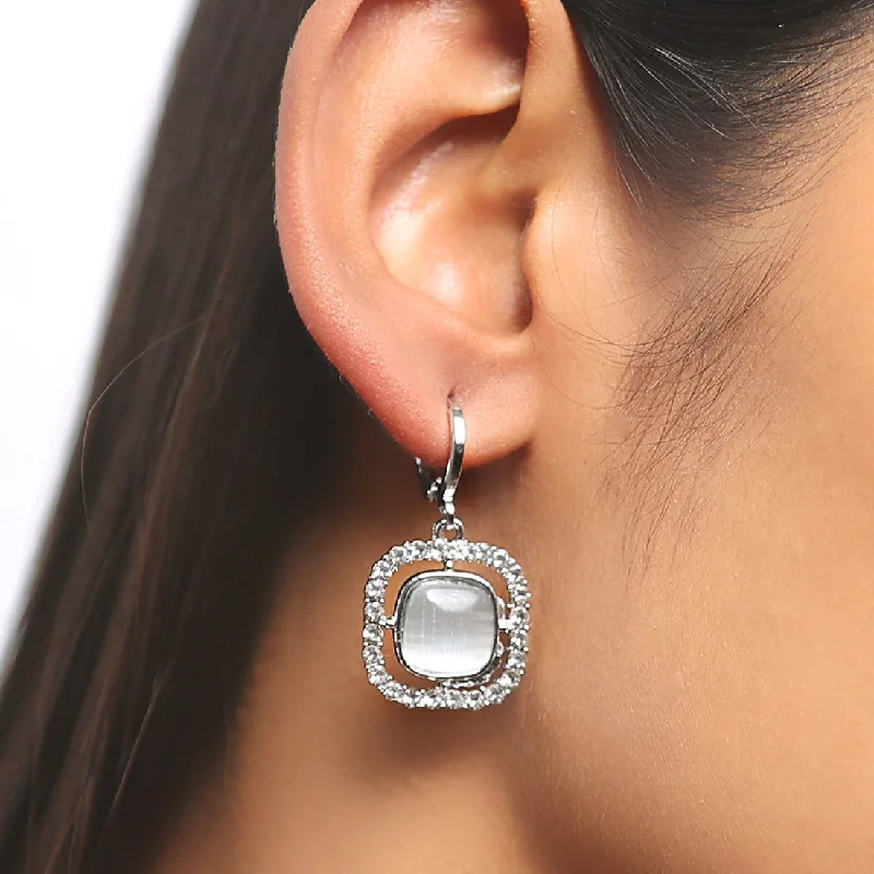 Tiny triangle earrings-Square White Moonstone With Diamante Studs Silver-Toned Hoop Drop Earrings