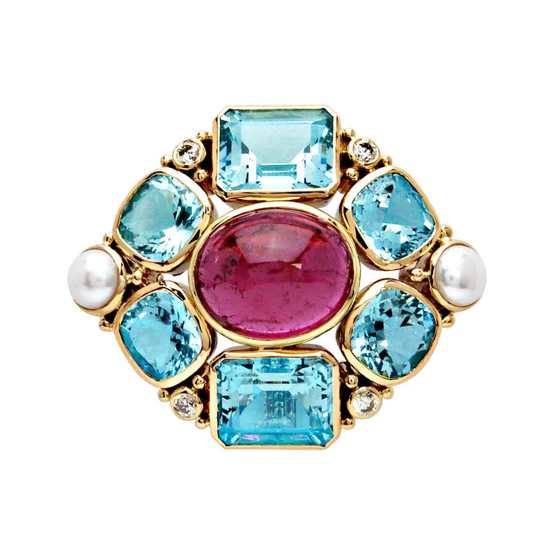 Bead edge brooch-Brooch-Aquamarine, Rubellite, Pearl and Diamond