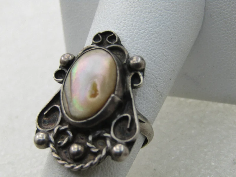 Multi-gem rings-Vintage Sterling Southwestern MOP Ring, Sz. 6, Scrolled