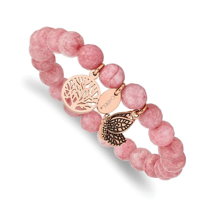 Thin yarn bangles-Stainless Steel Rose Gold Butterfly & Tree of Life Charm Pink Jade Stretch Bracelet