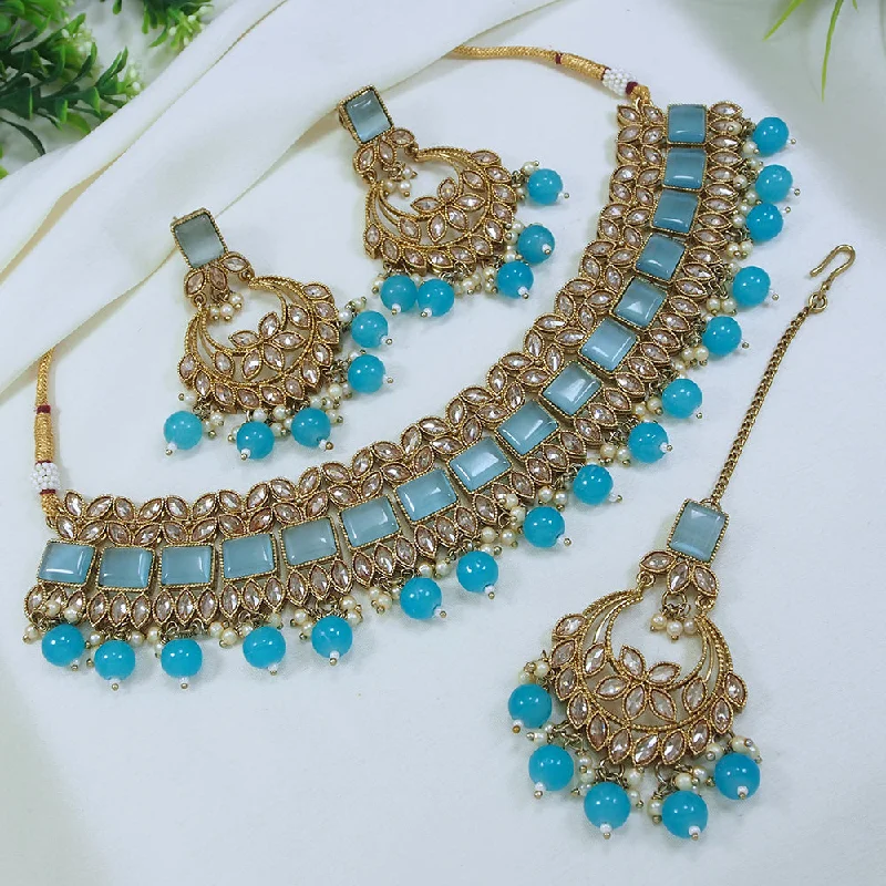 Sleek design necklaces-LALSO Stunning Mehendi Gold plated AD/Zircon Work Necklace Jewelry Set With Maangtika