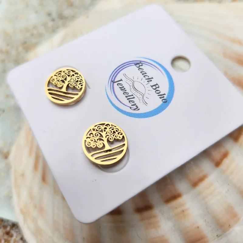 Curved art earrings-TREE OF LIFE - 18K WATERPROOF STUD EARRINGS