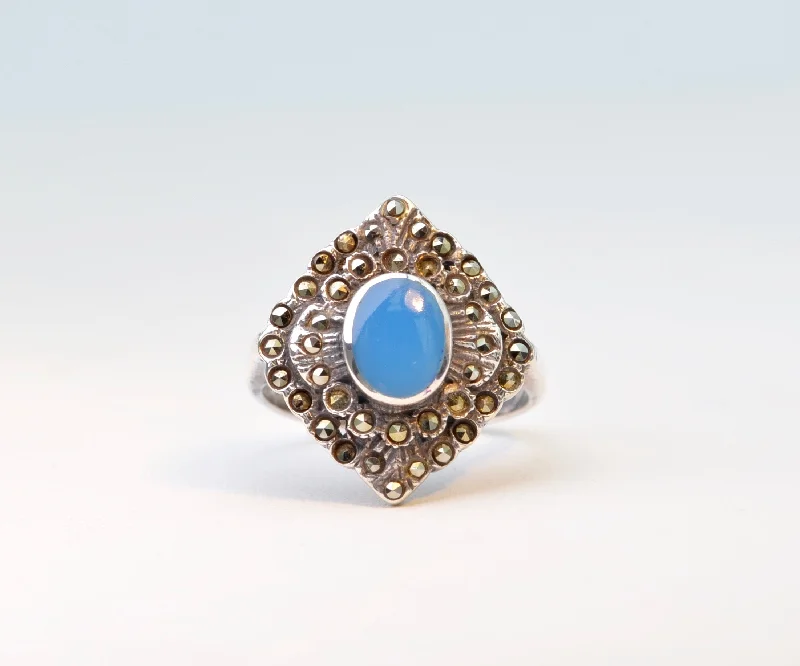 Smooth stone rings-Sterling Silver/Marcasite Ring with Blue Onyx Cabochon