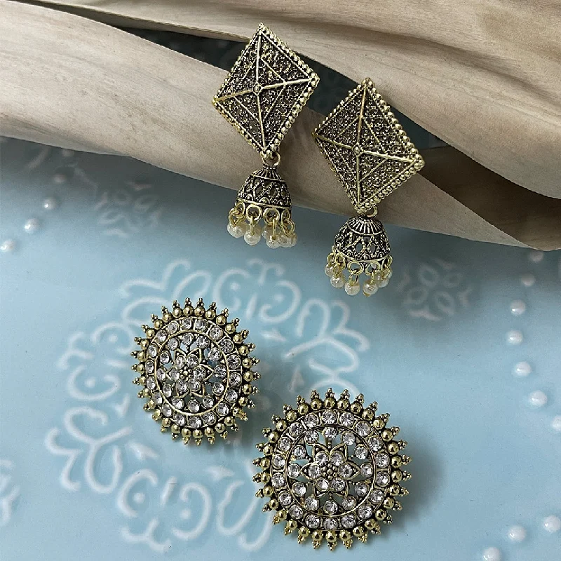 Multi-tier earrings-Set Of Two Oxidized Gold Toned Rhinestone Circular Stud & Triangular Pearl Jhumka Earrings