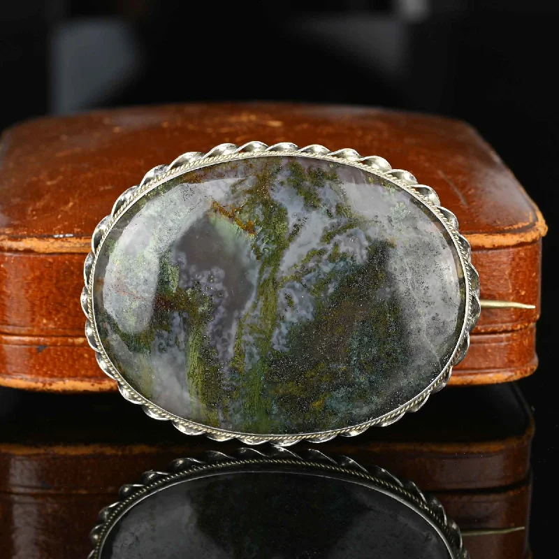 Dusk gothic brooch-Victorian Silver Large Dendritic Moss Agate Brooch