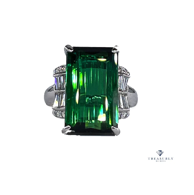 Bold druzy rings-Original Art Deco GIA 12.18ctw Green Tourmaline Diamond Platinum Vintage Ring