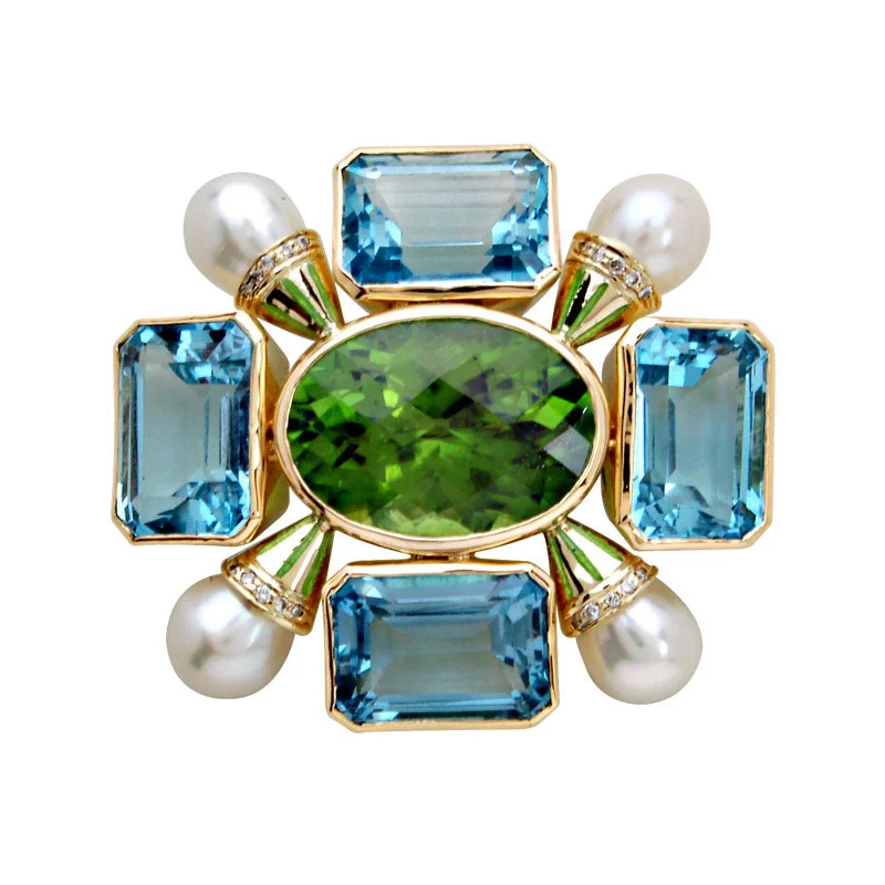 Hand-shiny brooch-Brooch-Peridot, Blue Topaz, Pearl and Diamond (Enamel)