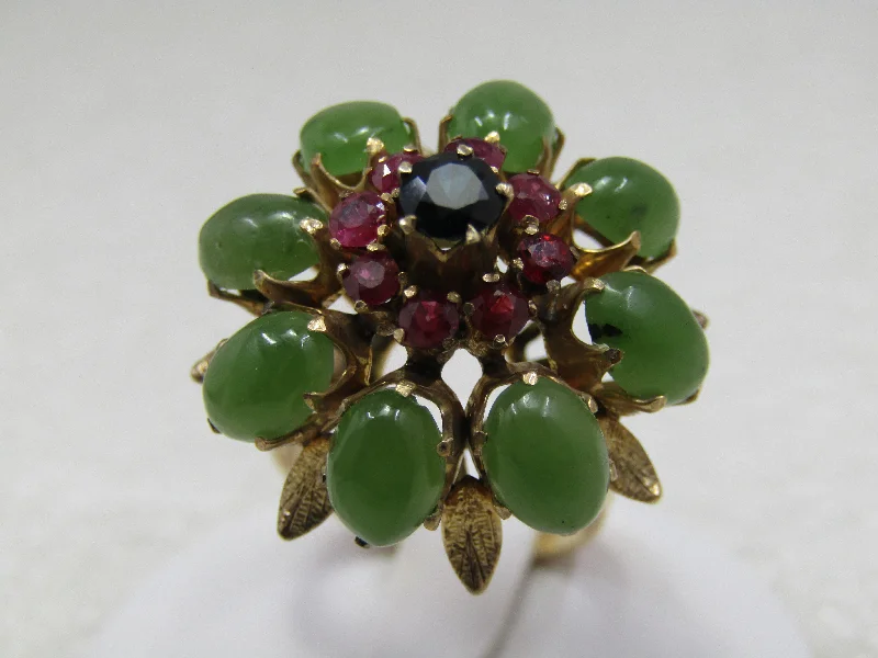 Small star rings-Vintage 18kt Jade Ruby Sapphire Ring, Sz. 6.75, Domed