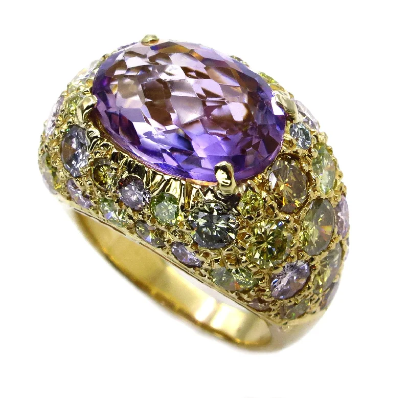 Polished silver rings-10.68ct Natural Fancy MULTICOLORED DIAMONDS & Amethyst Dome 18K Yellow Vintage RING