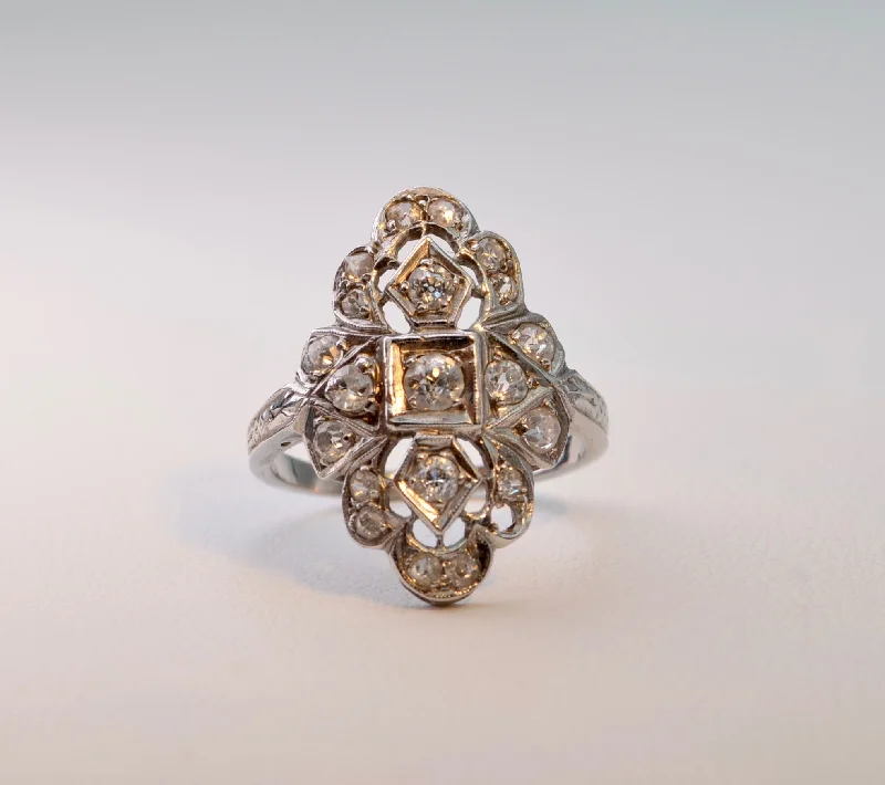 Patina bronze rings-14K white gold Antique ring with 20 old mine cut Diamonds, ca.1920