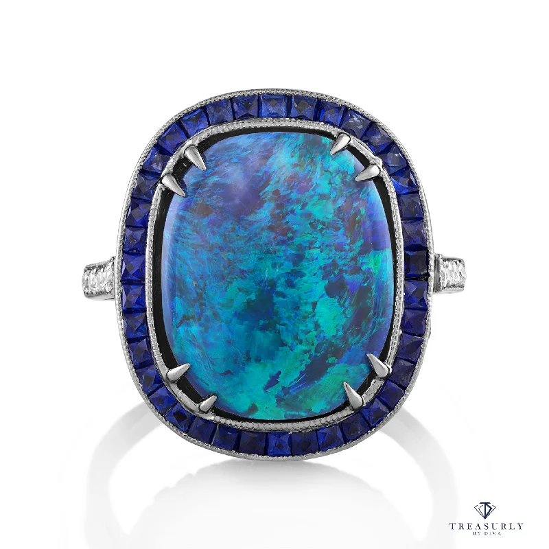 Bear design rings-8.80ctw Australian Black Opal Diamonds Sapphires Platinum Ring