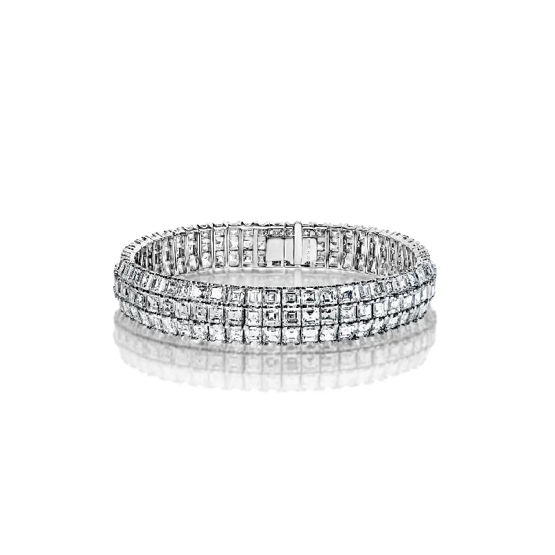 Woven tribal bangles-Zayn 37 Carat Asscher Cut Triple Row Diamond Tennis Bracelet in 18k White Gold