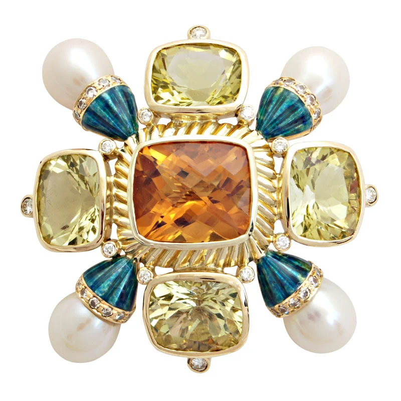 Light filigree brooch-Brooch-Citrine, Lemon Quartz, Pearl and Diamond (Enamel)