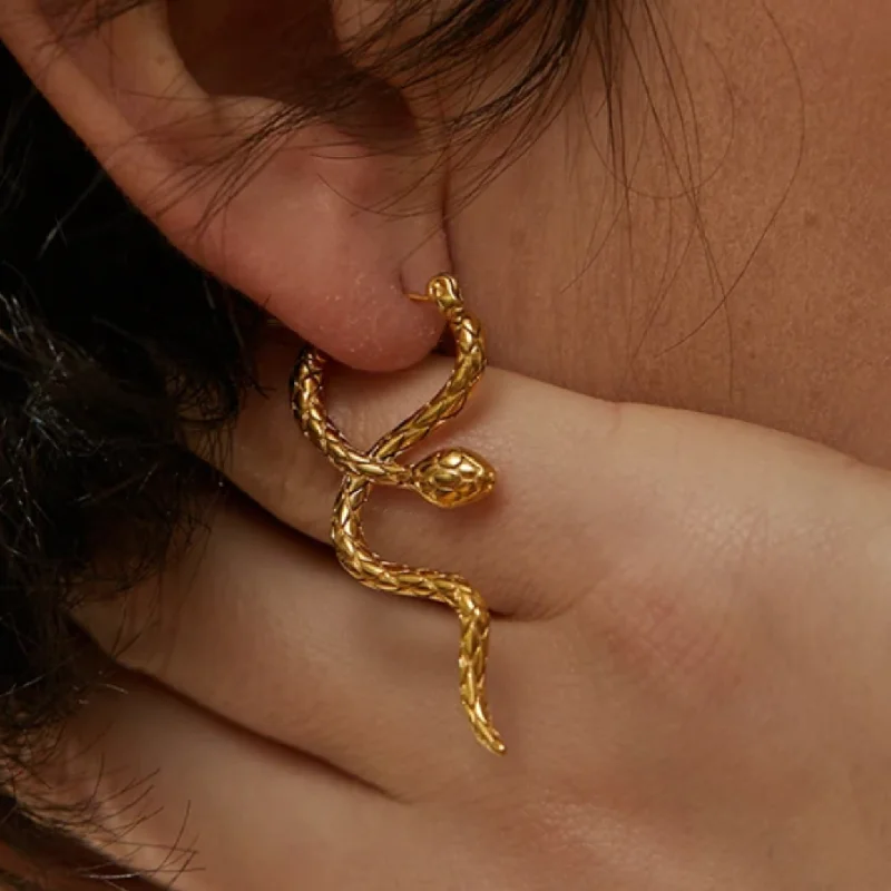 Polished gold earrings-INTERTWINED  -  18K GOLD WATERPROOF SNAKE HOOP EARRINGS