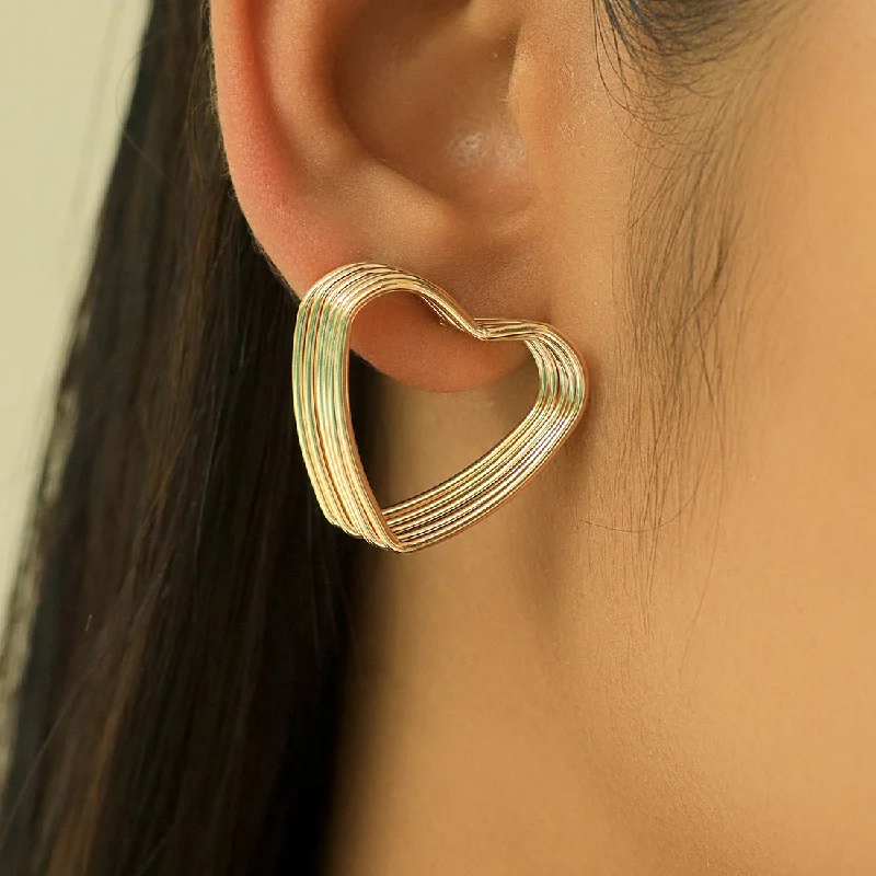 Wide hoop earrings-Gold-Toned Layered Geometric Heart Stud Earrings