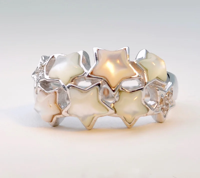 Curved art rings-Mother-of-Pearl Stars and Diamond Ring in 14K White Gold