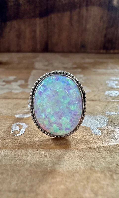 Polished stone rings-OPAL SUN BEAM Sterling Silver and Lab Opal Ring • Size 7.5