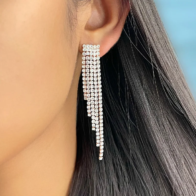 Fine triangle earrings-Contemporary White Diamante Crystal Studded Rose Gold-Toned Long Asymmetric Tassel Drop Earrings