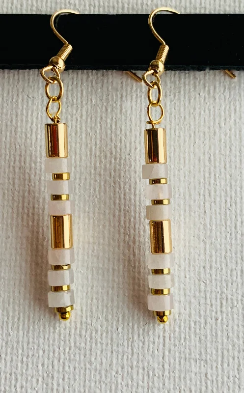 Subtle drop earrings-Andrea Handmade Rose Quartz and Gold Plated Hematite Stack Earrings