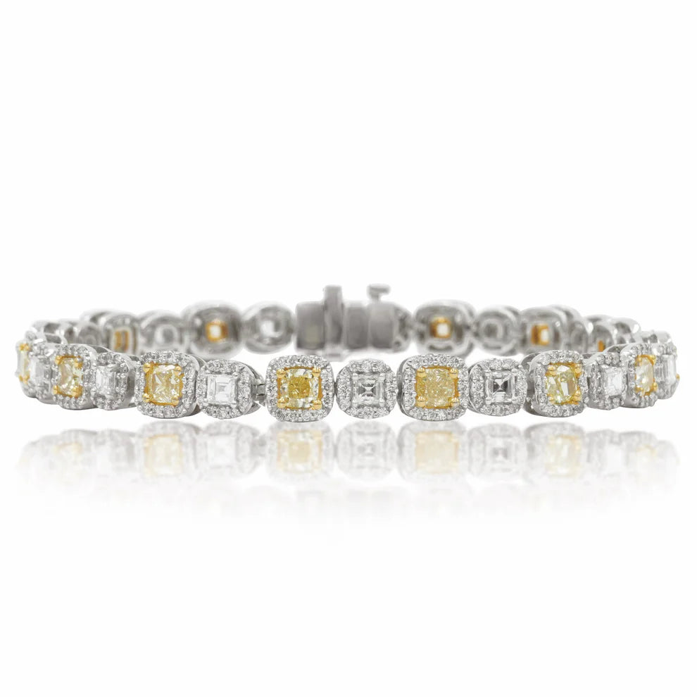 High link bangles-Novalee 8 Carat Cushion Cut Fancy Yellow & White Diamond Bracelet in 14K White Gold