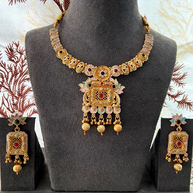 Polished name necklaces-India Art Gold Plated Pota Stone And Beads Necklace Set